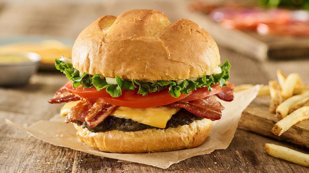 Bacon Smash® Black Bean Burger · Black bean patty, aged cheddar cheese, applewood smoked bacon, haystack onions, bbq sauce, toasted bun