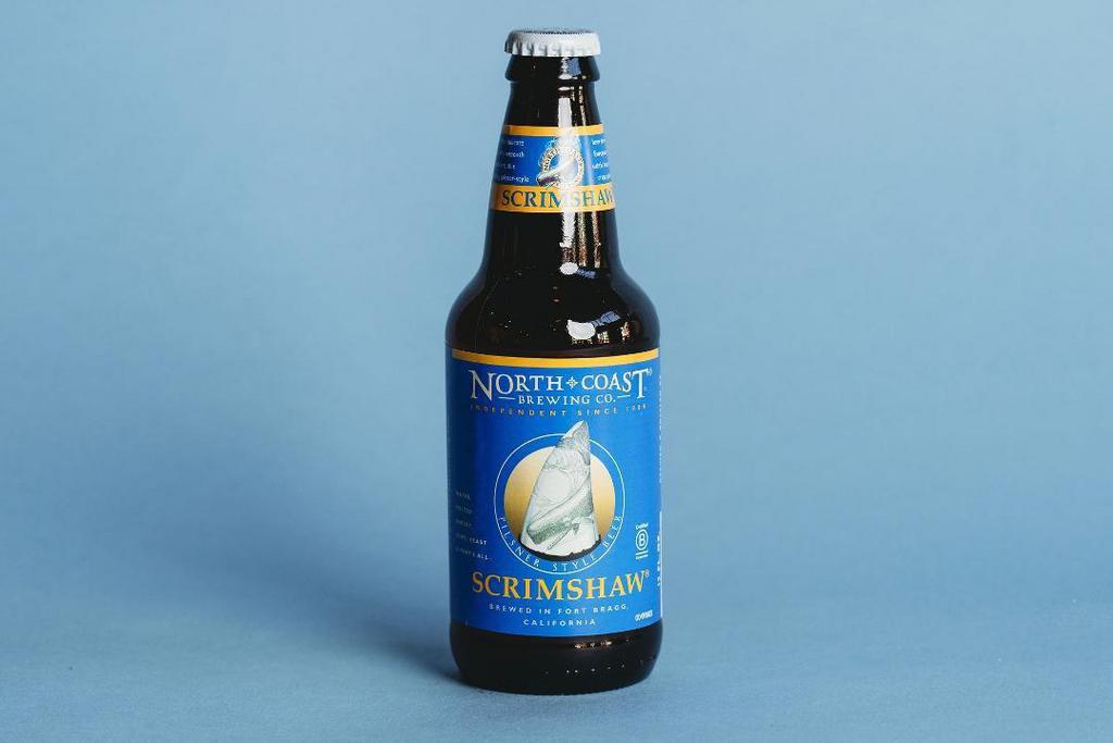 North Coast Scrimshaw Pilsner · Named for the delicate engravings popularized by 19th century seafarers, Scrimshaw is a fresh tasting Pilsner brewed in the finest European tradition using Munich malt and Hallertauer and Tettnang hops. Scrimshaw has a subtle hop character, a crisp, clean palate, and a dry finish.