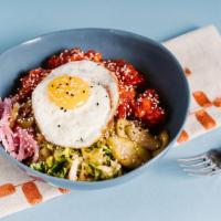 KFC Bowl · Spicy Fried Chicken, Fried Egg, Korean Slaw, Pickled Cucumbers, Red Onions, Jalapenos Over M...