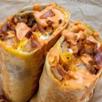 Bacon Burrito · sunny side up eggs, smoked bacon,
white american cheese, crispy tater tots,
caramelized onio...