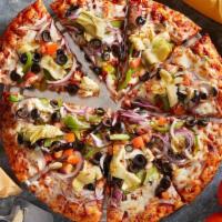 Premium Veggie · Red Sauce, Cheese, Mushrooms, Bell Peppers, Black Olives, Red Onions, Diced Tomatoes and Art...