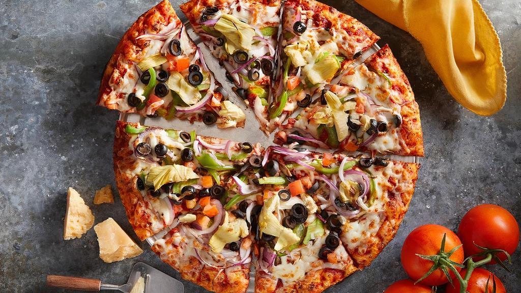 Premium Veggie · Red Sauce, Cheese, Mushrooms, Bell Peppers, Black Olives, Red Onions, Diced Tomatoes and Artichokes..