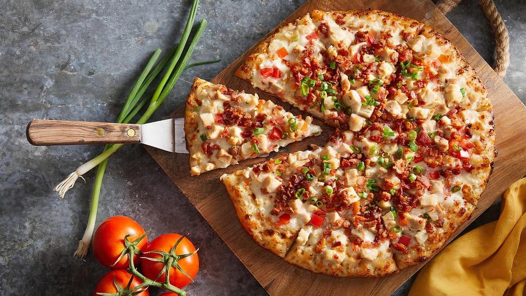 Chicken Bacon Supreme · White Sauce, Cheese, Chicken, Bacon, Diced Tomatoes and Green Onions..
