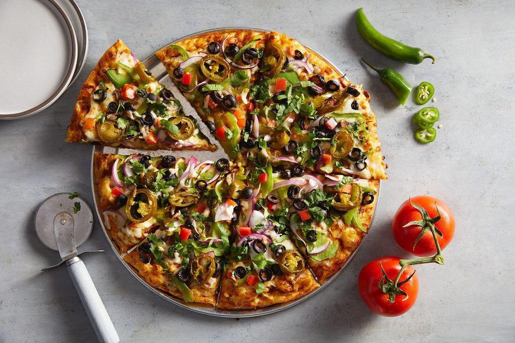 Curry Veggie Delight · Curry Sauce, Cheese, Mushrooms, Bell Peppers, Olives, Red Onions, Jalapenos, Diced Tomatoes and Fresh Cilantro..