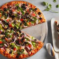 Indian Gourmet Veggie · Red Sauce, Cheese, Mushrooms, Bell Peppers, Olives, Red Onions, Diced Tomatoes, Garlic, Ging...