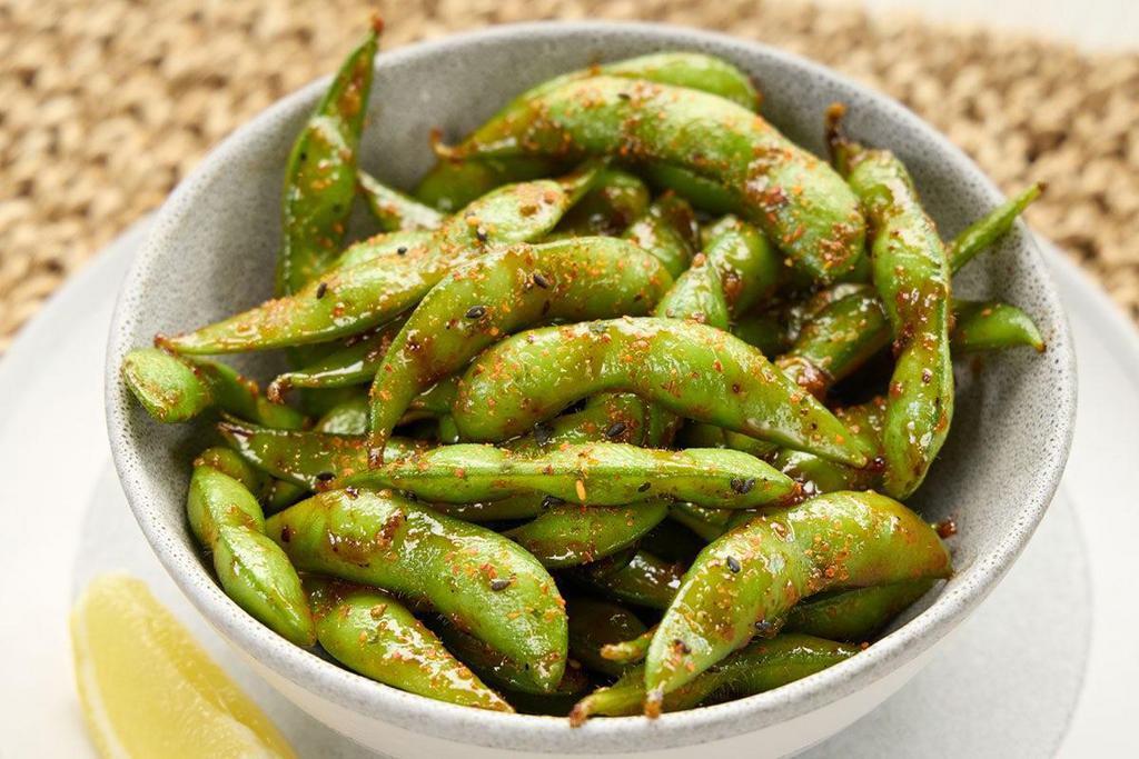 Spicy Garlic Edamame · Sauteed with spicy tsuyu no moto sauce.