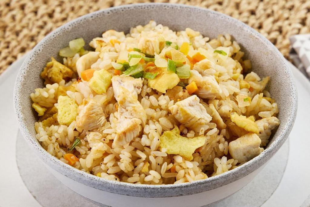 Chicken Fried Rice  · Grilled chicken, rice, egg and chopped vegetables.