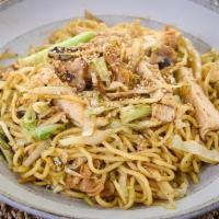 Chicken Yakisoba Bowl · Japanese sautéed noodles with chicken and mixed vegetables in a special sauce and sprinkled ...