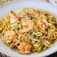 Shrimp Yakisoba Bowl · Japanese sautéed noodles with shrimp and mixed vegetables in a special sauce and sprinkled w...