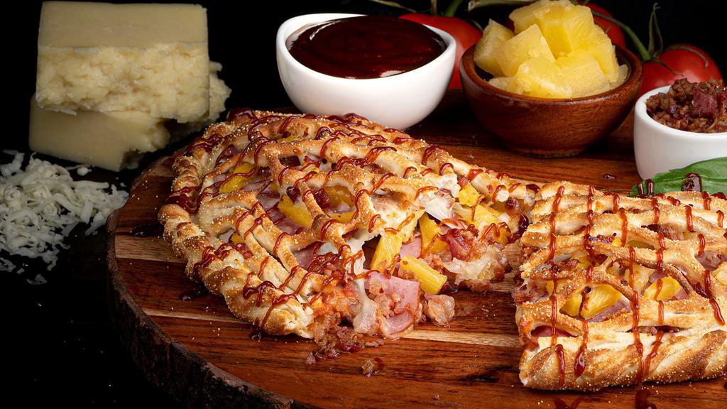 Santa Cruz · Signature crust, pink sauce (red and white), BBQ sauce, 100% whole milk mozzarella, Canadian bacon, applewood smoked bacon, and dole pineapple chunks.