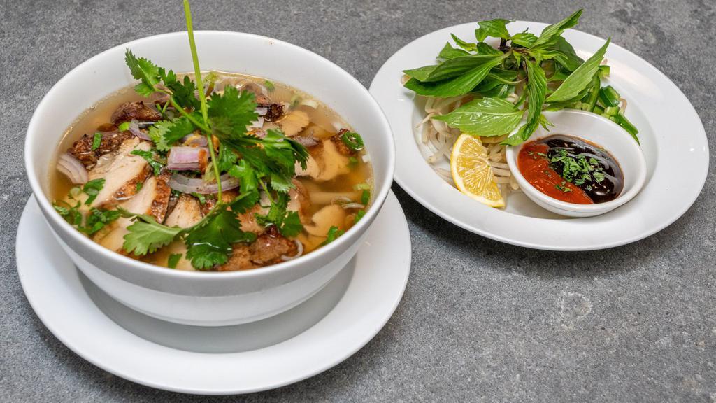 37. Five Spices Chicken Pho · Gluten-free. With fresh noodles, five-spice chicken, in daikon & authentic Pho broth.
