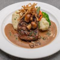 61. Filet Mignon with Mushroom Sauce · Gluten-free.With vegetables, mashed potatoes, fresh mushrooms & truffle sauce.