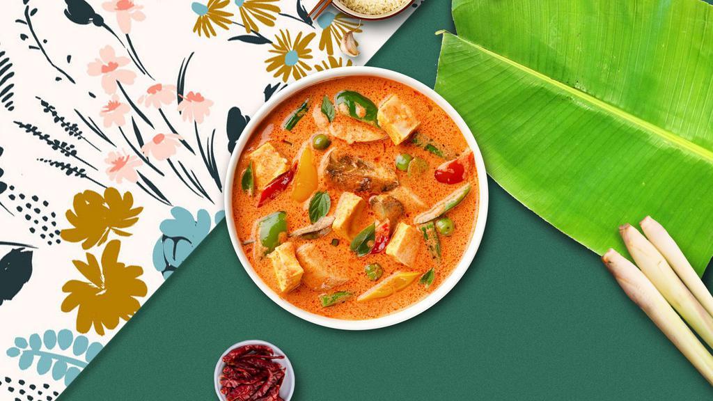Red Curry · (Spicy) Sliced meat cooked in red curry paste, coconut milk, bamboo shoots, bell peppers, carrot, and sweet basil.