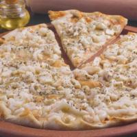 The Garlic Chicken Pizza · Customer's favorite white creamy sauce base with loads of garlic, diced mushrooms, green oni...