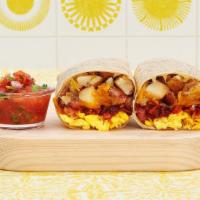 Turkey Bacon Breakfast Burrito · Two scrambled eggs, crispy turkey bacon, tater tots, and melted cheese wrapped in a fresh fl...