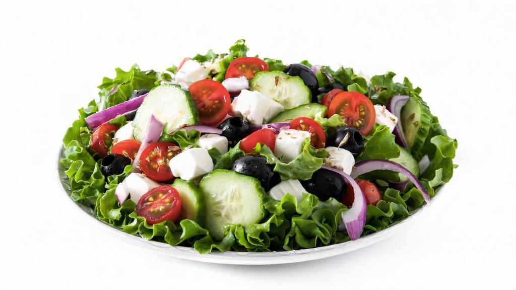 Greek Salad · Contains Bell Peppers, Tomatoes, Red Onions, Kalamata Olives, Feta Cheese, and Balsamic Vinaigrette. Add Chicken or Steak for an additional charge.
