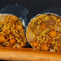 Hella Vegan Burrito · A whole samosa, cilantro-mint chutney, tamarind chutney, chana garbanzo masala, and sliced o...