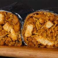 Ghee Makhni Burrito · Mildly spiced butter masala with choice of protein, rice, chana garbanzo masala, and sliced ...