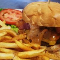 Retro Burger with Fries · 1/2 lb 5 dot beef, bacon, american cheese, grilled onions, secret sauce. served with fries.