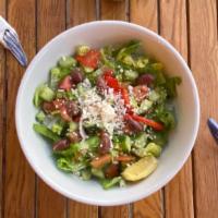 Greek Salad · Hearts of romaine, tomatoes,imported kalamata olives, cucumber, red onion,bell pepper, feta ...