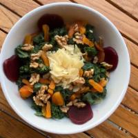 Beets & Greens Salad · Organic kale, red quinoa,green lentils, red beets, tomatoes, walnuts, dried apricots,shaved ...