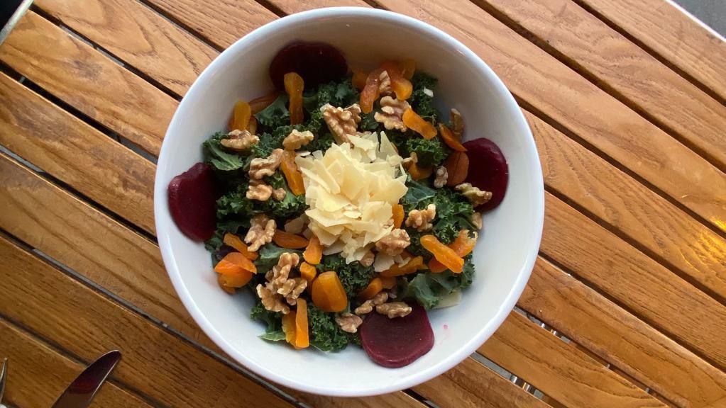 Beets & Greens Salad · Organic kale, red quinoa,green lentils, red beets, tomatoes, walnuts, dried apricots,shaved parmesan cheese and lemon olive oil dressing.
