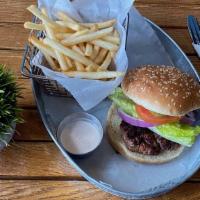 Mediterranean Hamburger · Served with French fries. Painted hills natural burger,lettuce, tomato and red onions in ses...