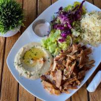 Meat Gyros Plate:  Chicken · Slow cooked, thinly sliced ,marinated Chicken.