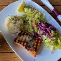 Grilled Salmon Plate · Rice and salad only. marinated with extra virgin olive oil, lemon and fresh oregano. Served ...