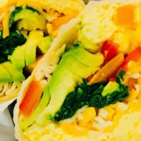 Veggie Burrito · Egg, cheese, avocado, spinach, and bell pepper with salsa on the side.