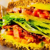 BLT With Avocado · Bacon, lettuce, tomato, mayo, and avocado on bread.