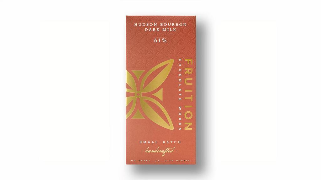Fruition Chocolate Works Hudson Bourbon Dark Milk 61% · Bourbon flavored Chocolate. Roasted cocoa nibs aged with Tuthilltown Spirits bourbon barrel staves and Hudson Baby Bourbon are then crafted into a creamy dark milk chocolate with hints of oak and bourbon. Weight: 2.11oz / 60g. Ingredients: Cocoa Beans*, Cane Sugar*, Whole Milk Powder, Cocoa Butter*, Bourbon. *Organic. Multi-Award Winner! 1st Place Inclusion Bar: Northwest Chocolate Festival, 2015. World Silver in the International Chocolate Awards, 2015 and 2016 Winner: Good Food Awards, 2017. Cacao proudly sourced from Uncommon Cacao.