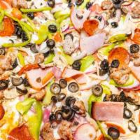 Frank's Special · Pepperoni, linguisa, ham, sausage, salami, bell peppers, onions, olives, and mushrooms.