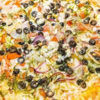 Wayne's World · Pesto, garlic, onions, tomatoes, olives, and feta cheese.