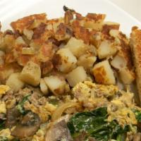 8. Joe's Scramble · Ground Angus Beef, Mushroom, Grilled Onion, Spinach  and eggs, Served with Potatoes & Toast