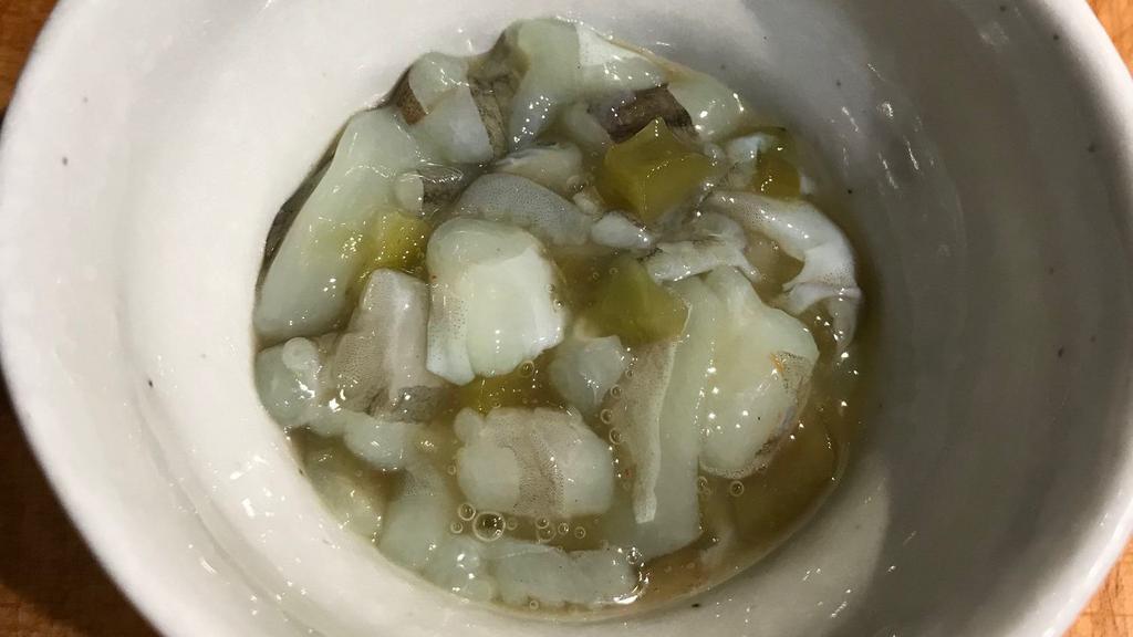 Tako Wasabi · Raw octopus (“tako”) heavily flavored with Japanese horseradish (“wasabi”).