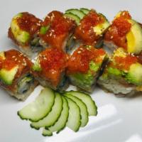 Red Dragon Roll · Spicy. Shrimp tempura, cucumber, topped with spicy tuna, avocado,  tobiko, sweet sauce and s...