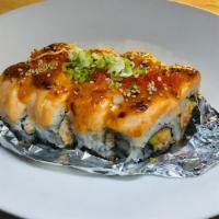 Baked Salmon Roll · Spicy. Baked snow crab, topped with salmon and spicy mayo, add tobiko, scallion, sweet sauce...