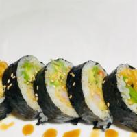 Shrimp Tempura Roll · Shrimp tempura, avocado, cucumber and pickled burdock root, topped with sweet sauce and sesa...