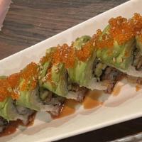 Caterpillar Roll · Unagi and cucumber, topped with avocado, tobiko, sweet sauce and sesame seeds.