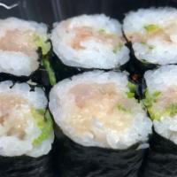 Negi Hamachi Maki · Tender diced yellowtail sashimi with green onion wrapped with rice and nori.