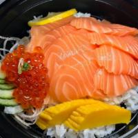 Salmon Don · 7-8 Sliced salmon on the top of sushi rice and come with miso soup.