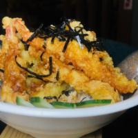 Tempura Don · Tempura prawn & chicken & fish & vegetable over steam rice, tempura sauce and miso soup.