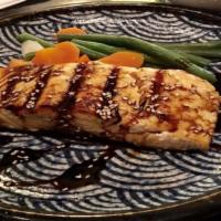 Salmon Teriyaki · Grilled salmon steak come with miso soup, steamed rice, broccoli & carrot , teriyaki sauce.