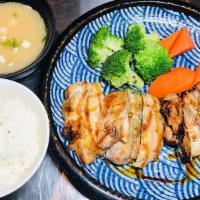 Chicken Teriyaki · Grilled chicken, come with miso soup, steamed rice, broccoli & carrot, teriyaki sauce.