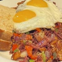 Corned Beef Hash · Beef brisket, bell papers, onions and potatoes topped with  two eggs and choice of toast