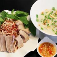 Chao Goi Vit Bap Cai & Bap Chuoi · Congee and duck salad with cabbage & banana blossom on the side.