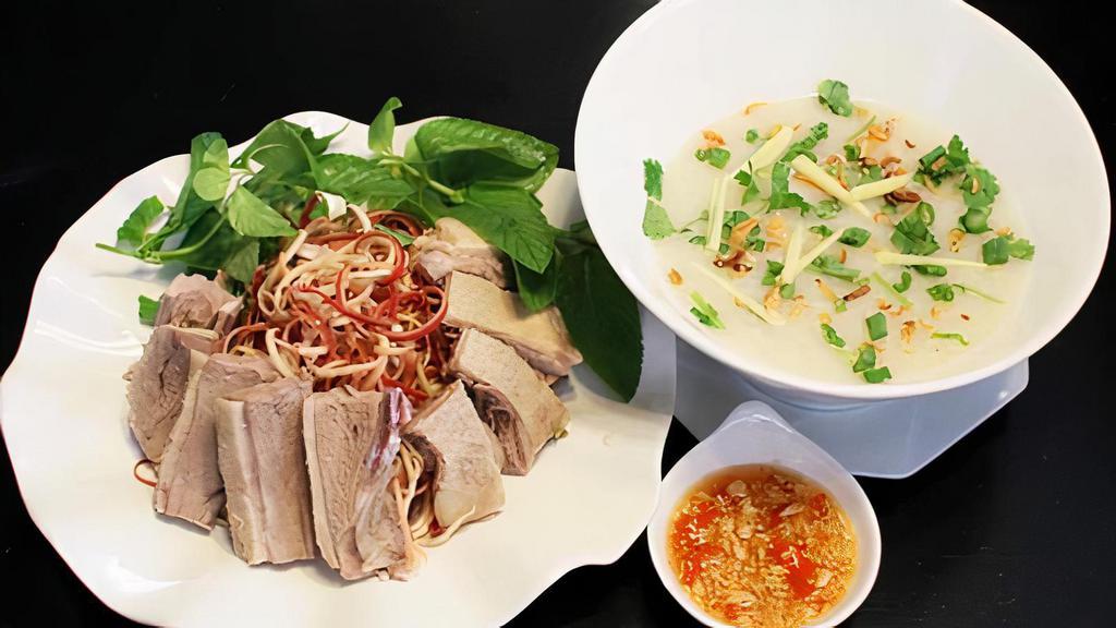 Chao Goi Vit Bap Cai & Bap Chuoi · Congee and duck salad with cabbage & banana blossom on the side.