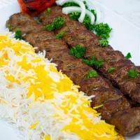 Koobideh Kabob Beef	 · Charbroiled ground sirloin, prepared with onions and spices, served with basmati rice and gr...