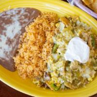 Chilaquiles Verdes O Rojos · Corn tortilla slices with cheese. With red or green sauce. 
*Green Sauce (Verdes) made with ...